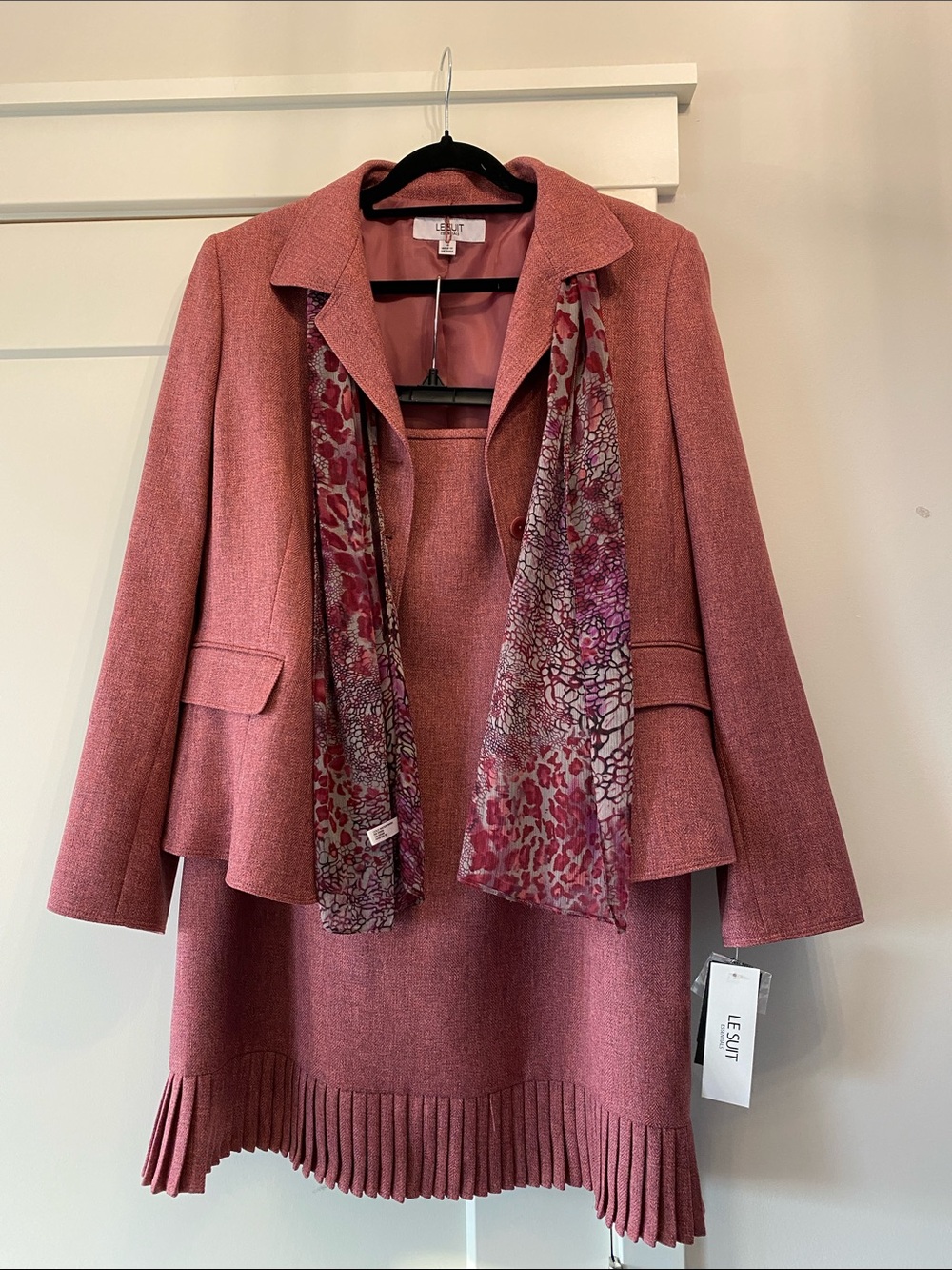 Le Suit Rose Pink Skirt Suit with Patterned Scarf